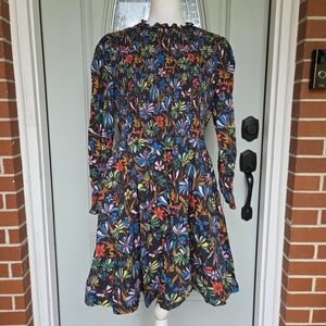 Floral Smocked Long-Sleeve Mini Dress in Black